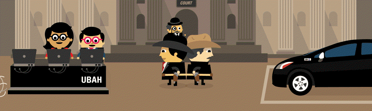 Gif of Oury and Clark using laptops while two characters in cowboy hats have a duel with guns that fire signs saying 'you are self employed', 'I'm an employee' and 'no you are not' in front of a court