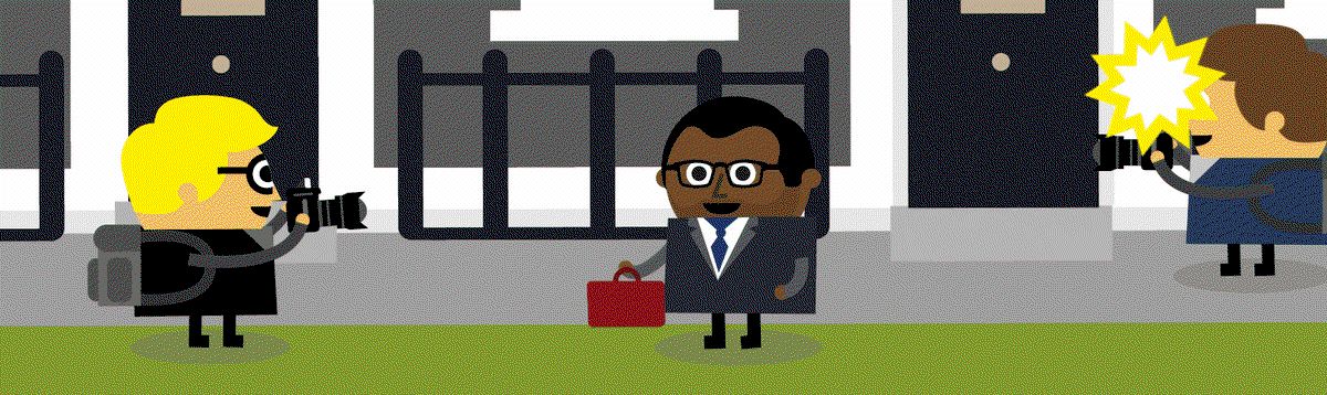 A gif of a cartoon character of chancellor Kwasi Karteng delivering a budget and climbing a giant beanstalk that then falls apart, Liz Truss emerges from 10 Downing Street and is removed by a claw
