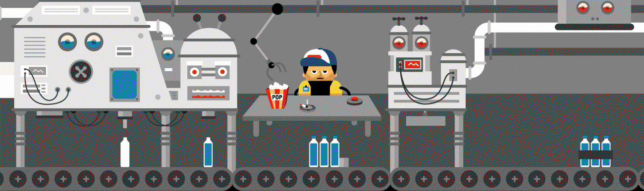 A gif of a manufacturing line with a person operating it while being fed popcorn by a robot arm