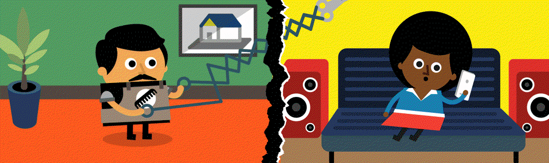 A gif showing various cartoon characters doing work remotely, such as cooking or cutting hair