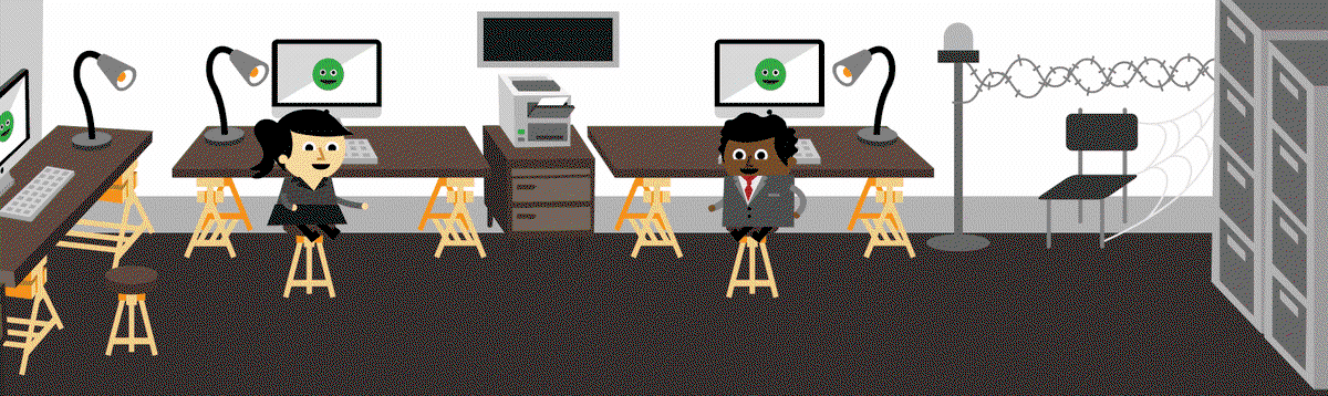 A gif of a cartoon character opening a filing cabinet and being knocked down by a comically long drawer, he then redacts a document, delivering it to someone who throws it straight in the bin