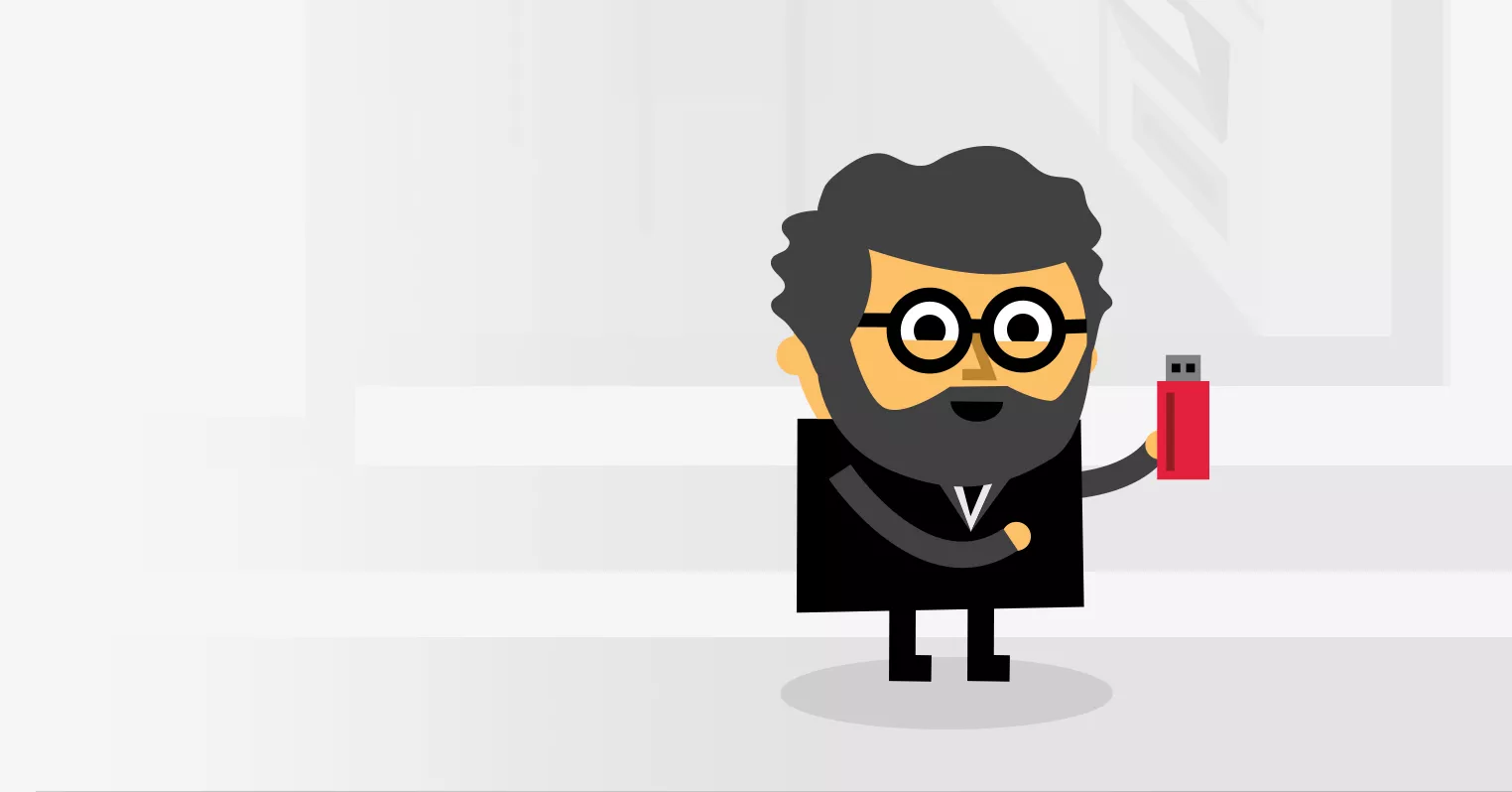 A cartoon character with glasses holding a red USB stick