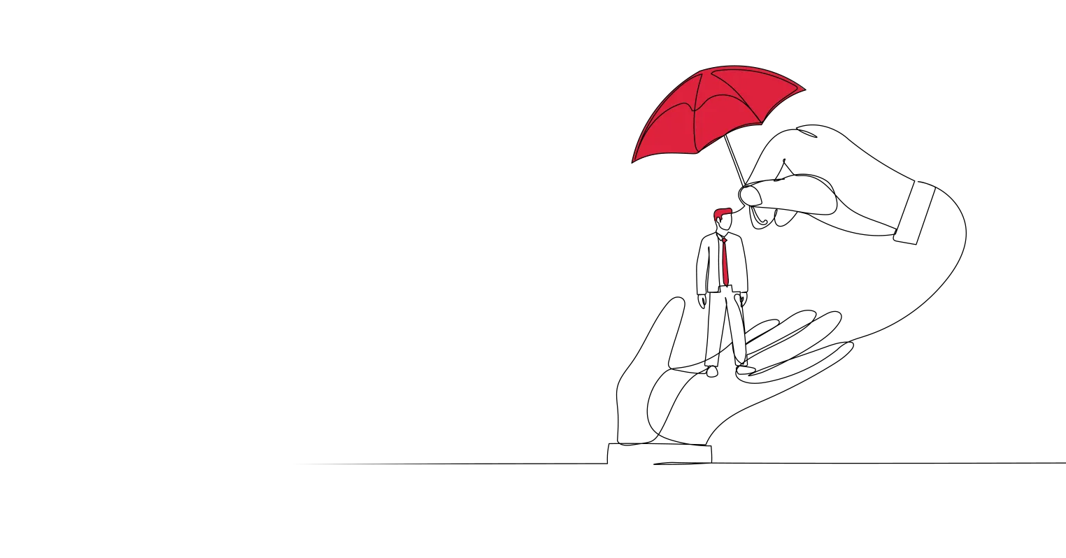 An illustration of a man wearing a tie, standing on an outsized palm of a hand, while another hand shelters him with a red umbrella