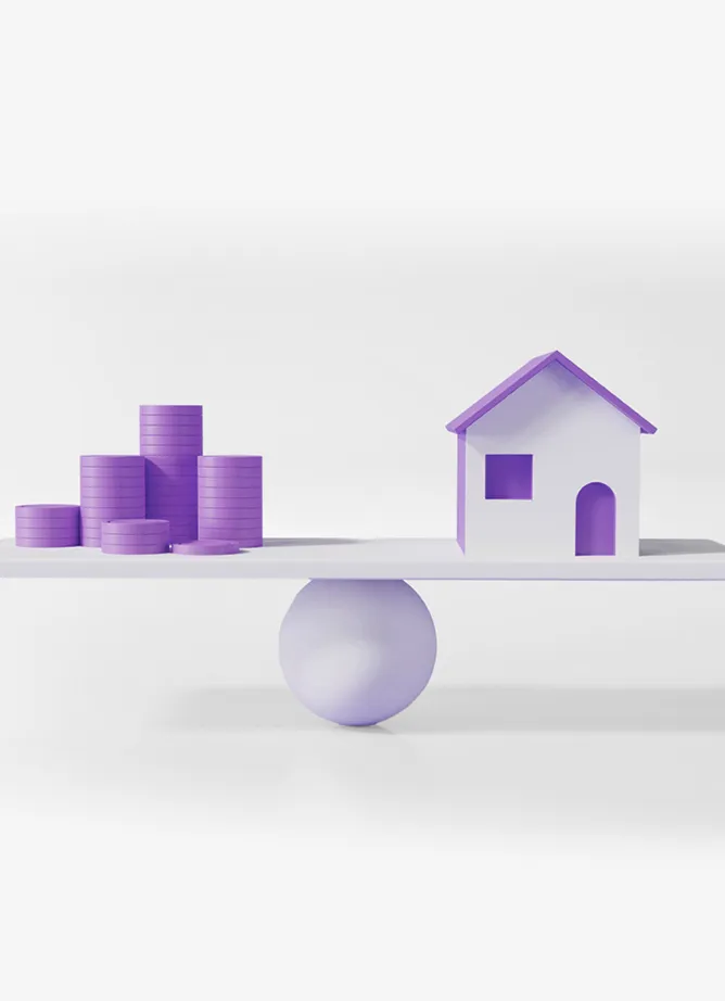 An image showing a purple ball holding up a shelf on which are balanced purple coins on one side, a white and purple house on the other
