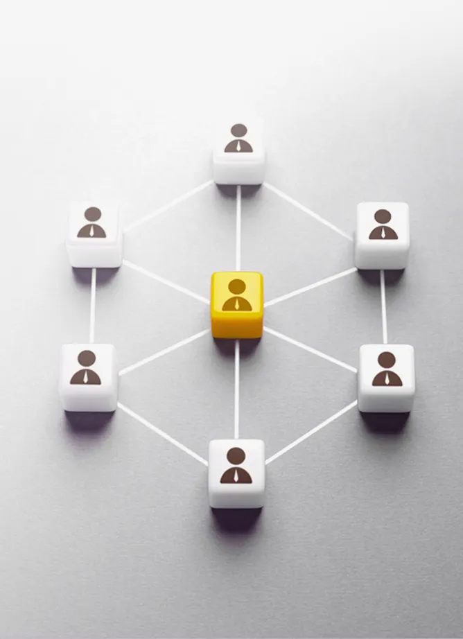 6 black figures on white tablets surround and are linked to a central black figure on a yellow tablet