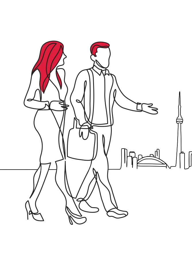 An illustration of a man and woman walking in front of a cityscape, the man has a satchel over his shoulder