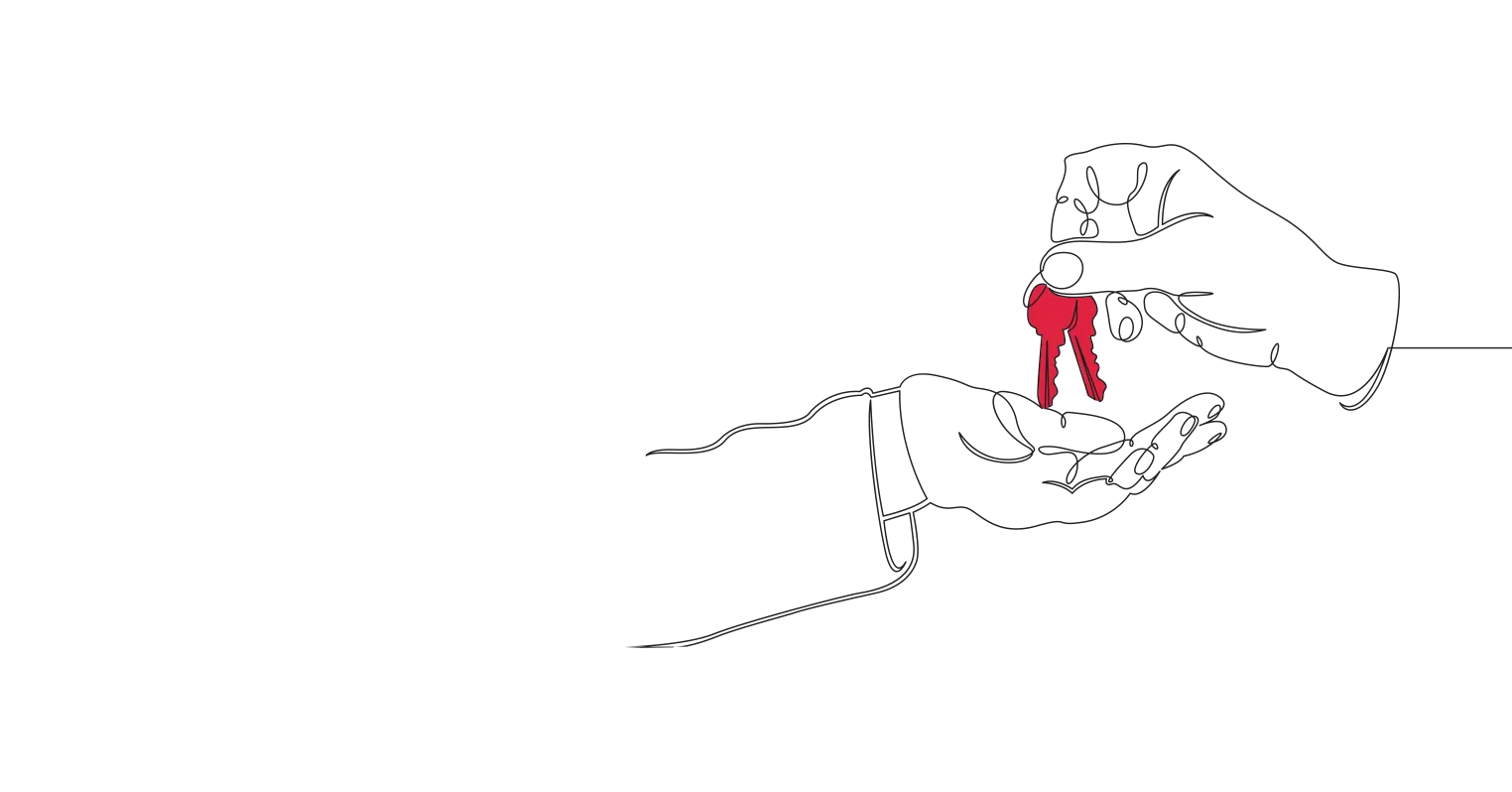Illustration of a hand dropping a pair of red keys into another hand